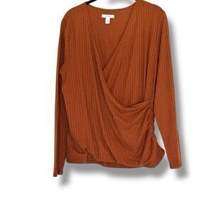 Nine West Ribbed Faux Wrap Long Sleeve Top XL Bronze